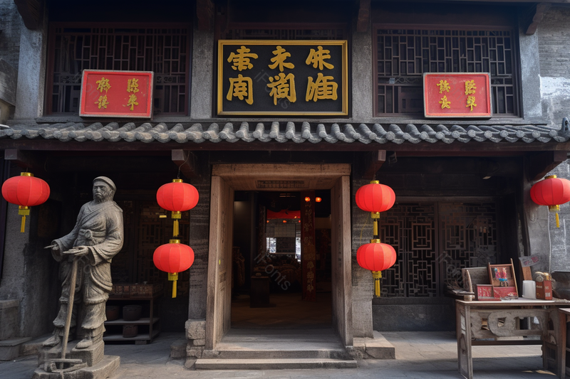 中式建筑雕像古商城高清摄影图,高清,摄影图,摄影图片,图片大全,摄影图免费下载
